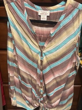 Ariat Striped Sleeveless Button-Front Top in Turquoise, Brown & Cream